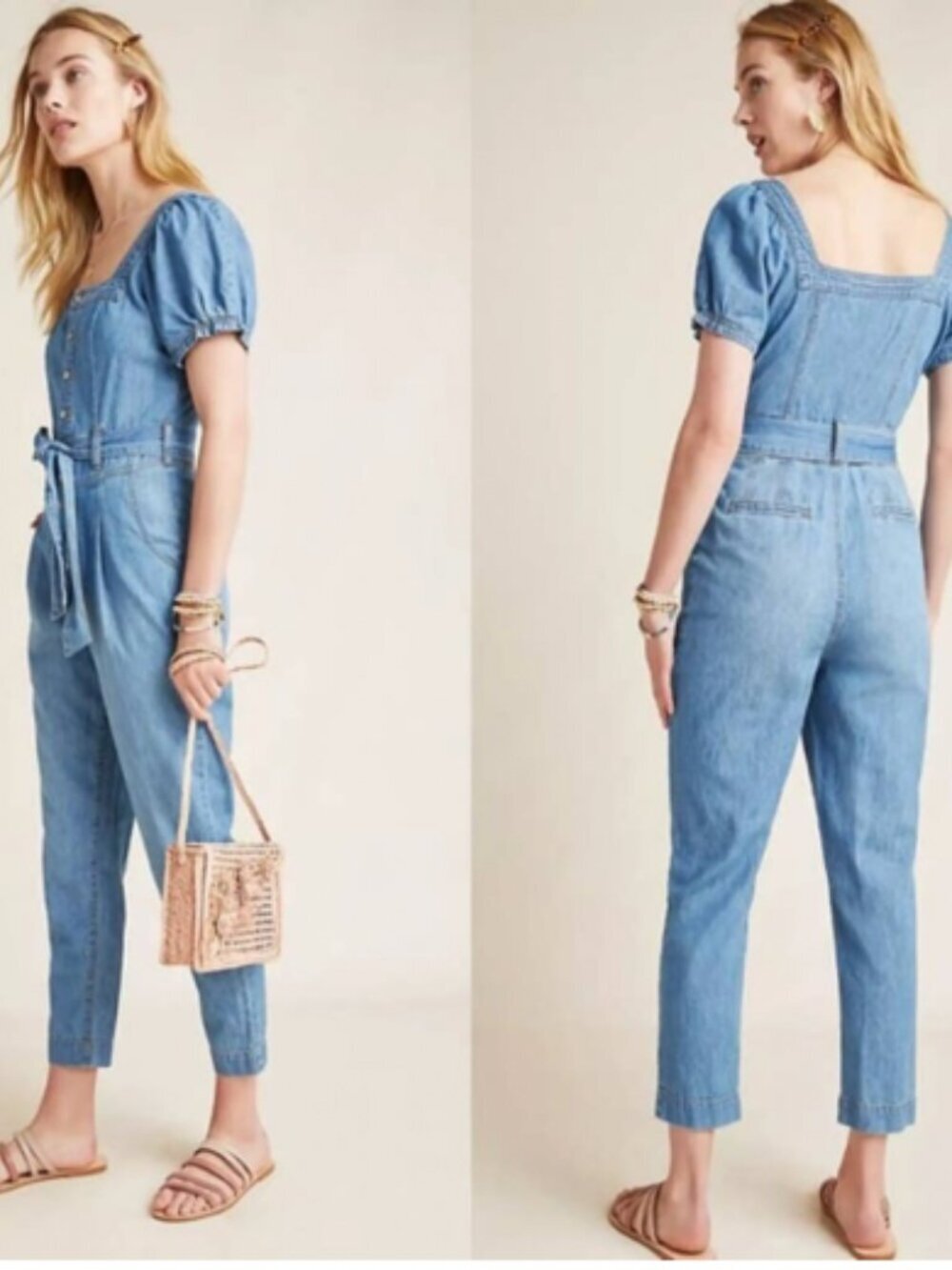 Pilcro and the Letterpress Anthropologie Puff Sleeve Denim Jumpsuit
